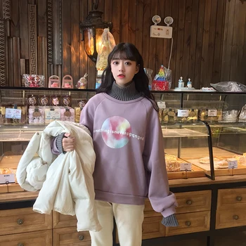 

HAYBLST Brand Women Hoodies Autumn Winter Kpop Fashion Print Patchwork Kawaii Tops Loose Plus Size 2XL Clothing Add Thick Wool