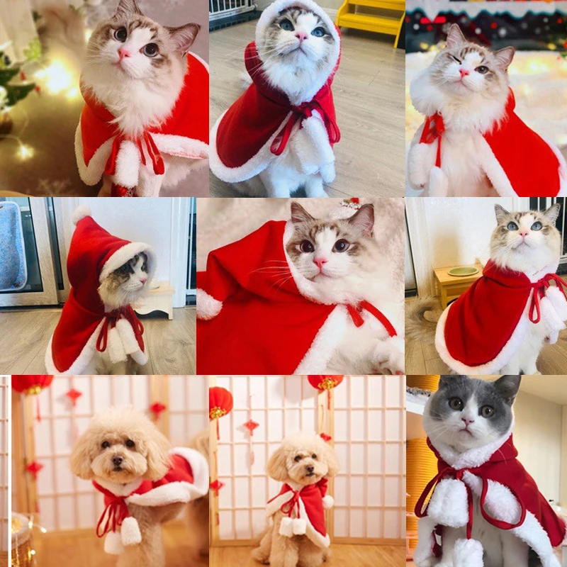 Красные рождественские костюмы для собак кошек одежда для домашних животных плащи собаки кошачьи шапки новогодний щенок для собак Французский бульдог красивый классический теплый