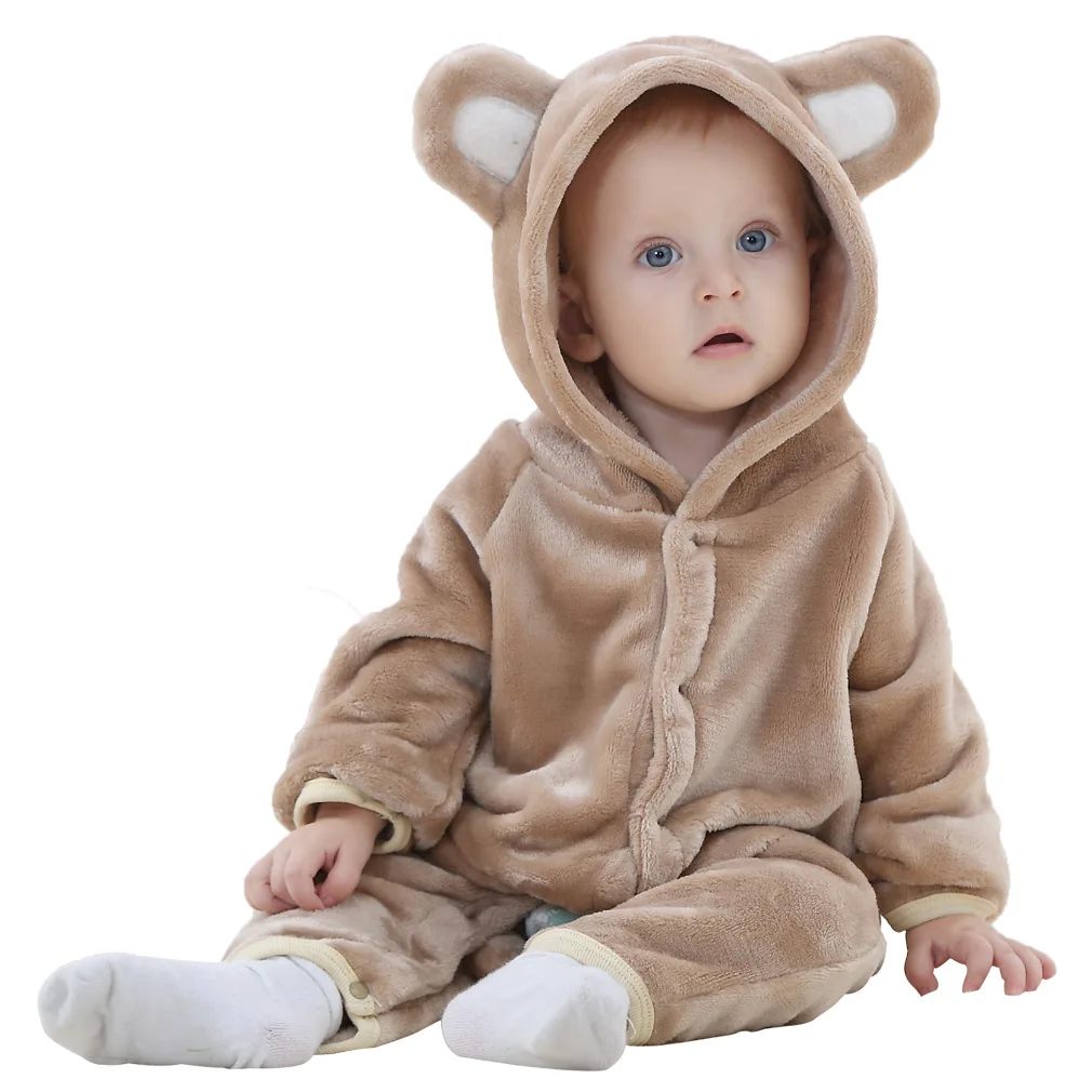 Зимняя одежда для малышей, фланелевая одежда для маленьких мальчиков, пижамы с единорогом из мультфильма, комбинезон для малышей, теплые комбинезоны для новорожденных - Цвет: Brown bear