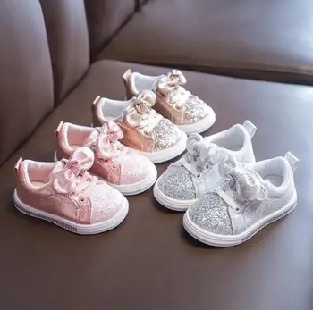 

Spring Autumn Girls Shoes Baby Sneakers Children Casual Shoes Fashion Bow Glitter Leather Non-slip Princess Shoes Size 21-36