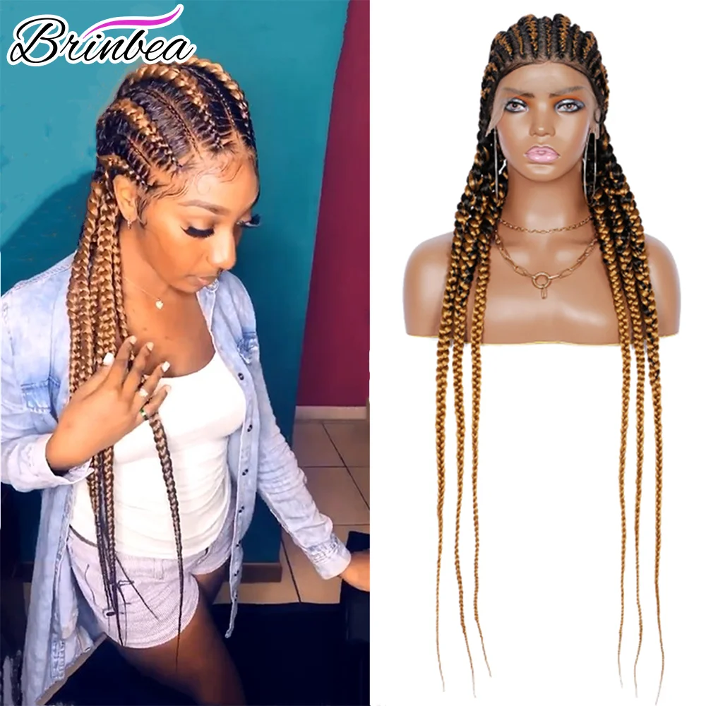 Brinbea Synthetic 360 Full Lace Front Braided Wigs with Baby Hair 36" Box Braiding Hair Cornrow Wig Tiny Braids for Black Women
