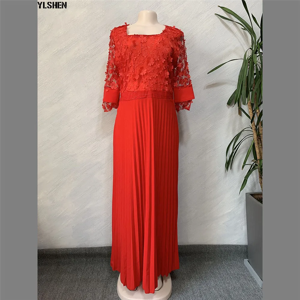 African Dresses For Women Africa Clothing African Design Bazin Lace Pleated Long Three-dimensional flower Glitter Dashiki Dress 01