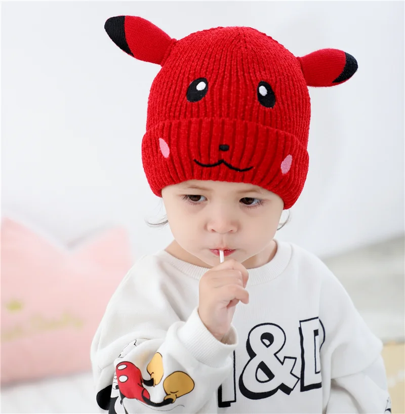 Вязаная Зимняя шапочка для детей 1-5 лет, Шапочка-бини с мультяшным рисунком, одноцветная шапка унисекс
