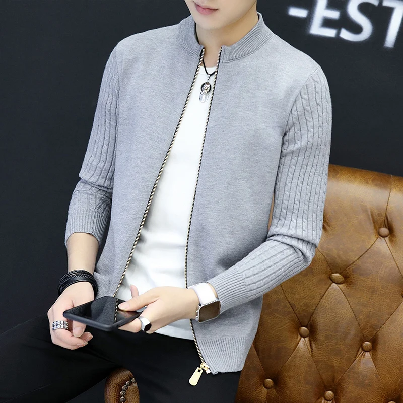 2019 new spring and autumn men's sweater cardigan Korean Slim long-sleeved trend woolen clothes jacket Chinese Style Black Gray 2019 new spring and autumn men's sweater cardigan Korean Slim long-sleeved trend woolen clothes jacket Chinese Style Black Gray