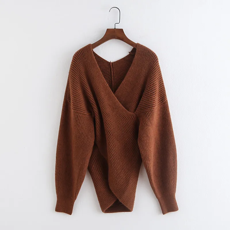 Brown OMIKRON Pull Femme зимние свитера с длинными рукавами, одноцветные, с v-образным вырезом, сексуальные, с перекрещивающимися вставками, свитер для женщин, большие размеры, Roupa Feminina - Цвет: Brown