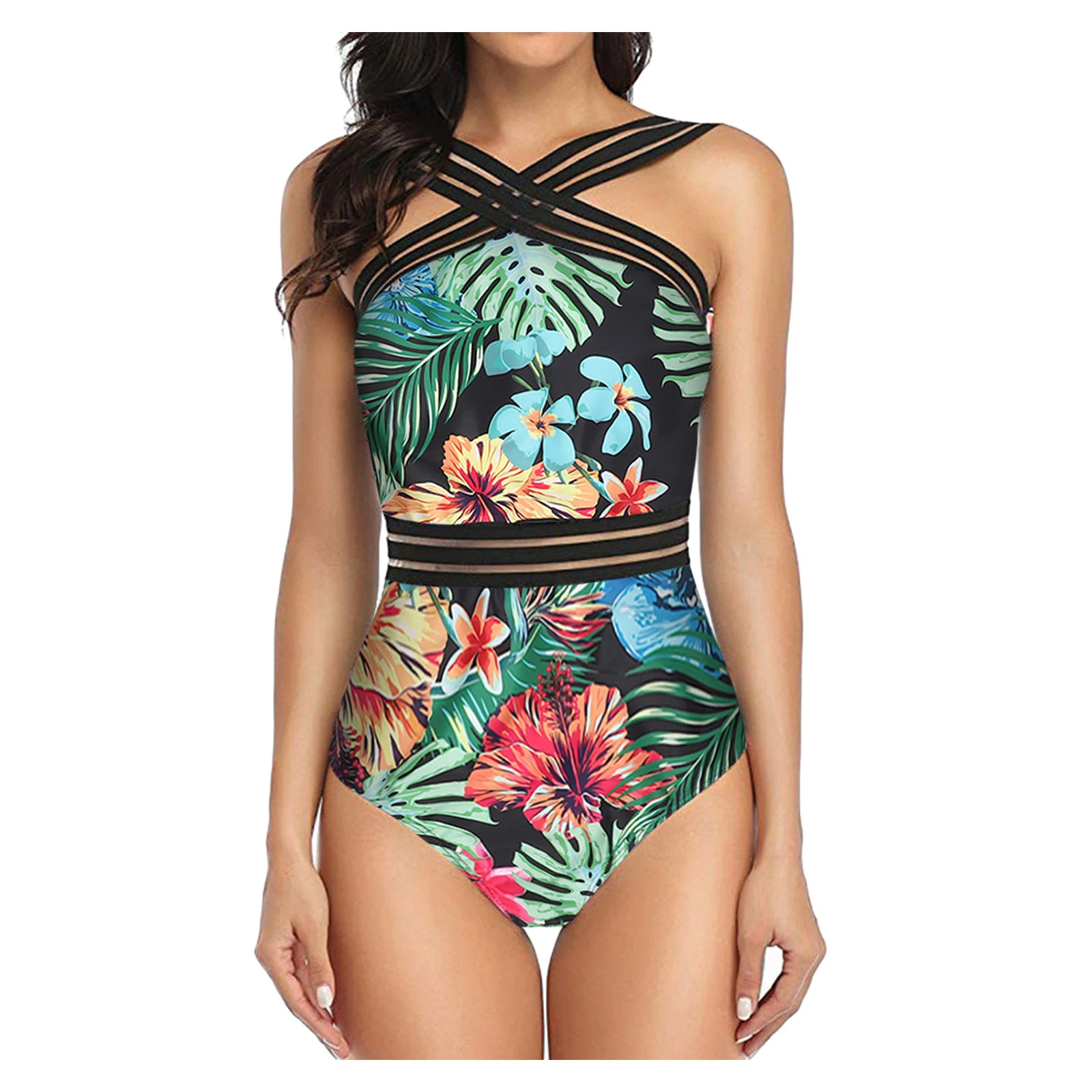 Conjunto de Bikini con estampado Floral para mujer, traje de baño acolchado  de una pieza, bañador con espalda completa, ropa de baño| | - AliExpress