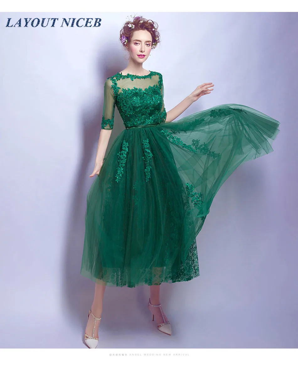 Green Tea Length Evening Dress Half Sleeve Appliques Beads Tulle robe de soiree Women Formal Party Dress abiye gece elbisesi