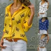 Fashion Women's Butterfly Print Blouse Shirt Spring Summer Casual Long Sleeve V Neck Ladies Buttons Tops Loose Blouses