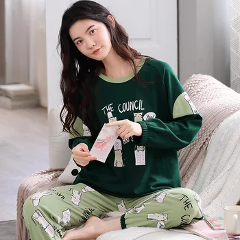 

Winter Pajamas for Women Loose Cotton Women's Pajamas Simple Blue Letter Pattern Pullover Sleepwear Thicken Keep Warm Home Suit