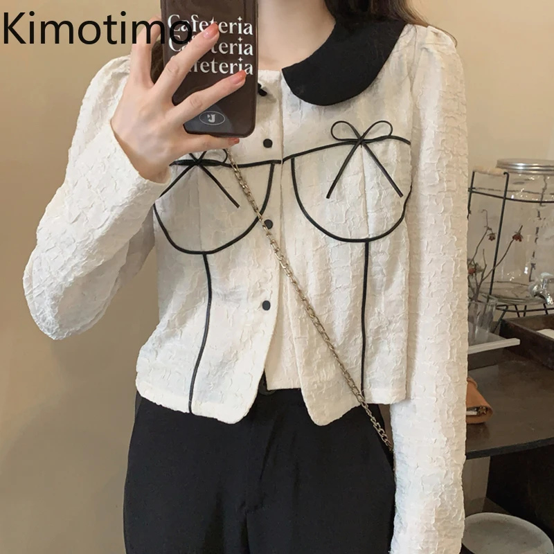 Kimotimo Design Shirts Women French Retro Peter Pan Collar Fashion Blouse Autumn Winter New Long Sleeve Temperament Crop Top Ins | Женская