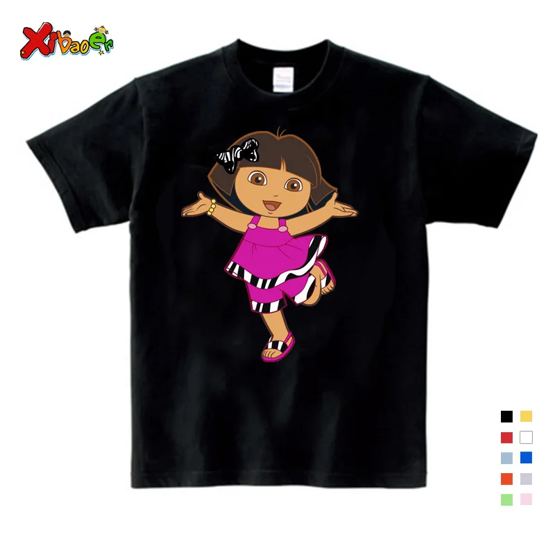 Детская футболка, милая стильная футболка с изображением Даши-путешественницы для девочек 6 лет, милые футболки с героями мультфильмов для малышей, летние топы для девочек с изображением Даши-путешественницы - Цвет: black childreT-shirt