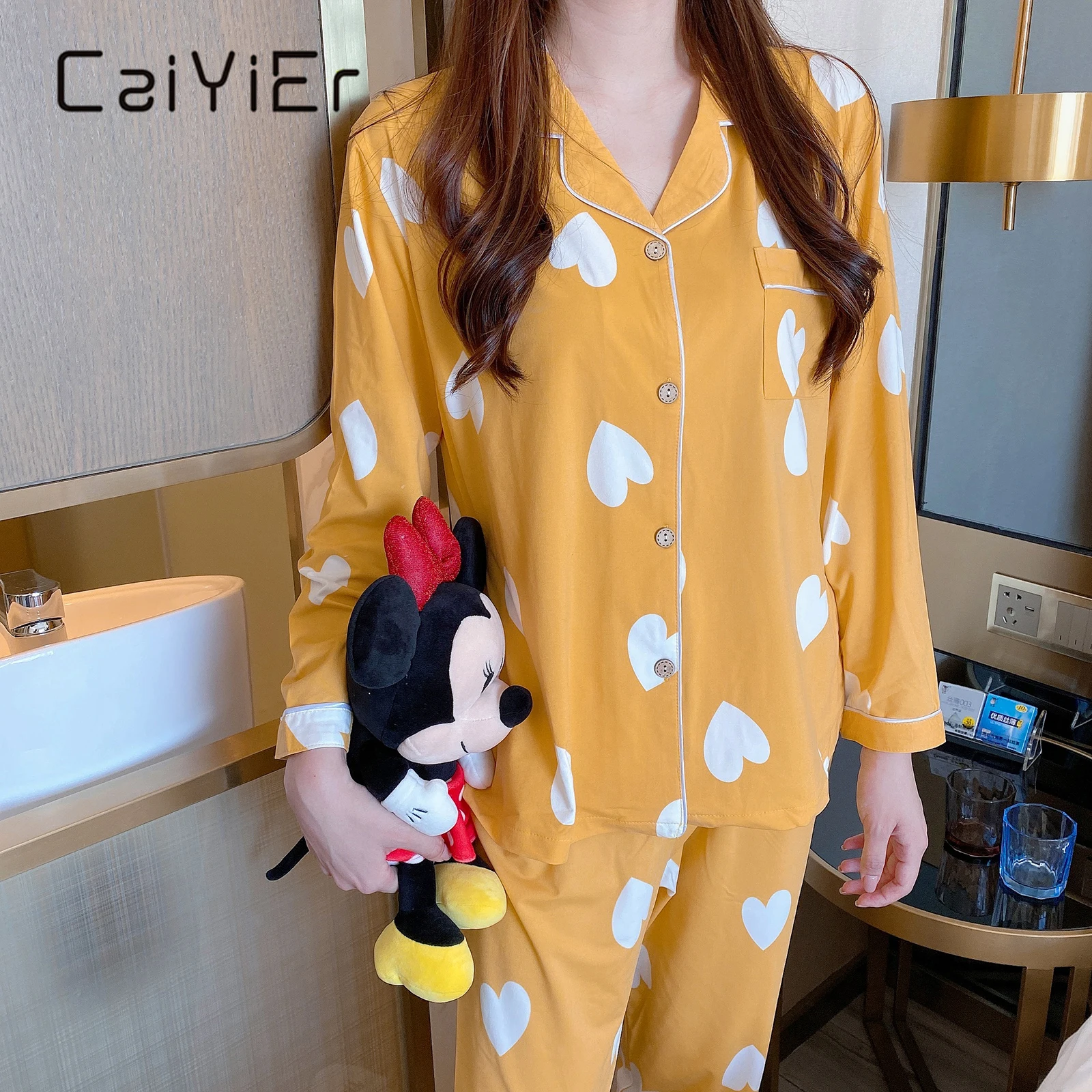 CAIYIER Autumn Winter New Sleepwear Set Women Turn-down Collar Pajamas Cute Cartoon Pattern Button Top+Pants Leisure Home Wear