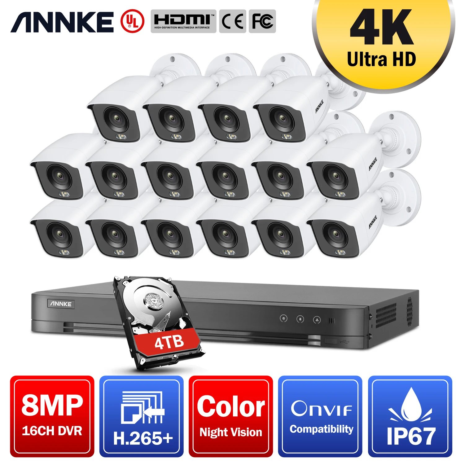 ANNKE E1600 4K Ultra HD 8CH DVR камера безопасности Система 16X полноцветная ночного видения