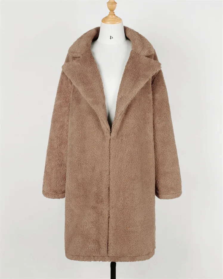 Хит, осенне-зимнее модное женское пальто из искусственного меха, плюс размер, одноцветная теплая куртка с отворотом, повседневная одежда, плисовые пальто, верхняя одежда