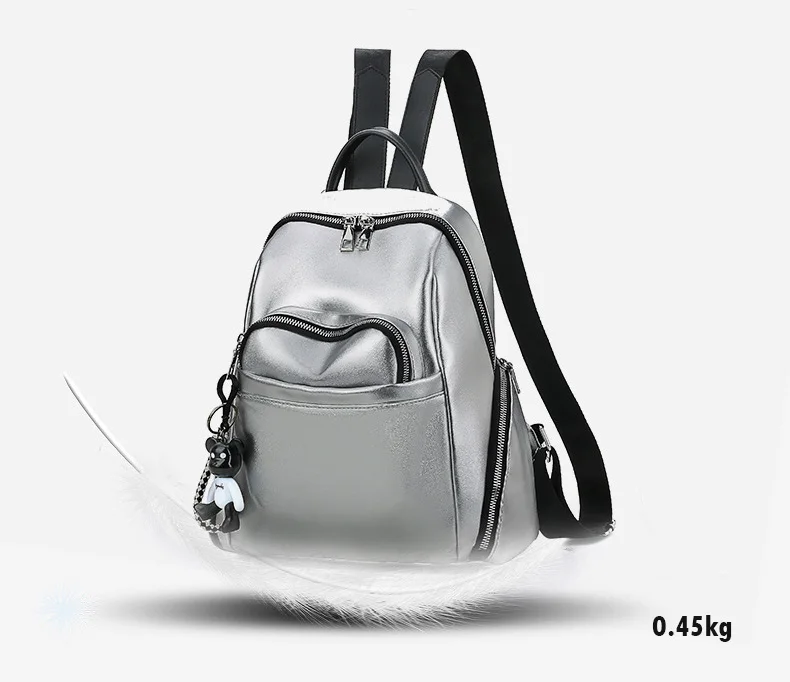 2019 Women Waterproof PU Soft Leather Backpack College Girls School Shoulder Bag Small Black Silver Multi Pocket Travel Rucksack (4)