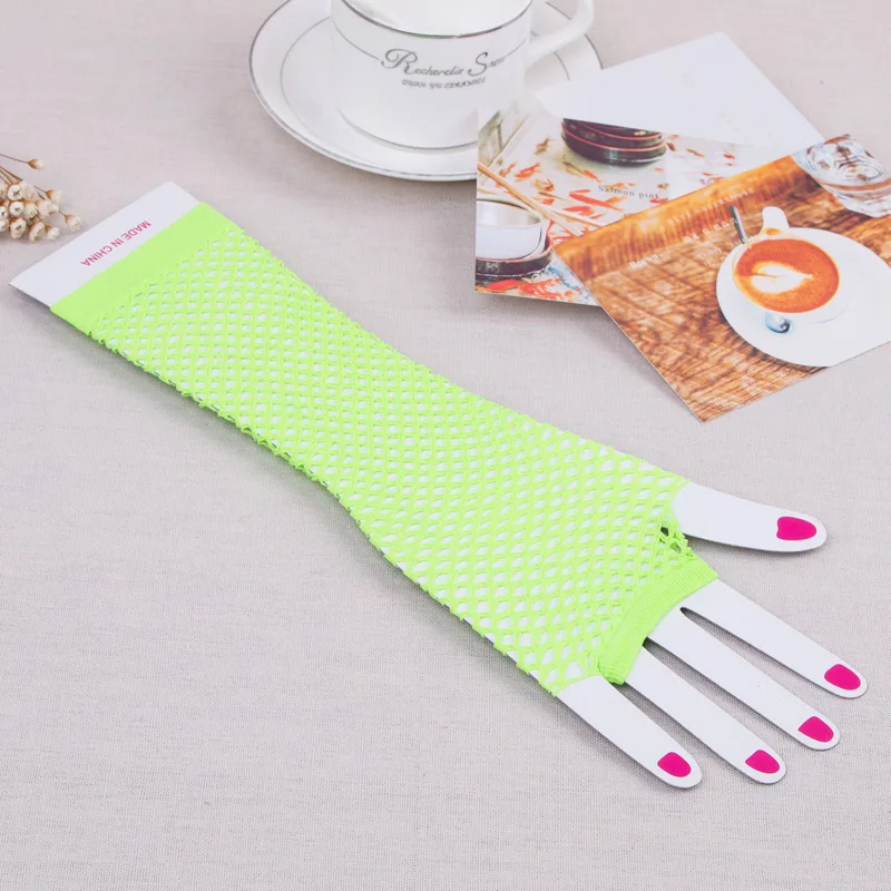 Fluorescent green Длинные перчатки в сеточку без пальцев, аксессуары для костюма, длинные перчатки в сеточку, много цветов, неоновые перчатки для вечеринок ST255 - Цвет: Fluorescent green