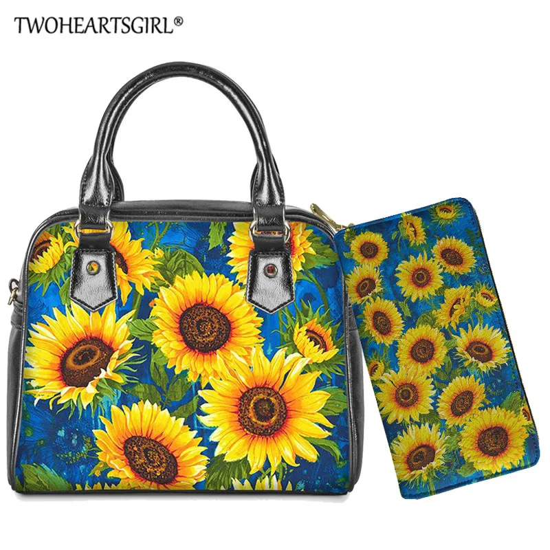 

Twoheartsgirl 2pcs/set Shoulder Messenger Crossbody Bag Sunflower Design Women Handbag Leather Tote Bags with Wallet Card Holder