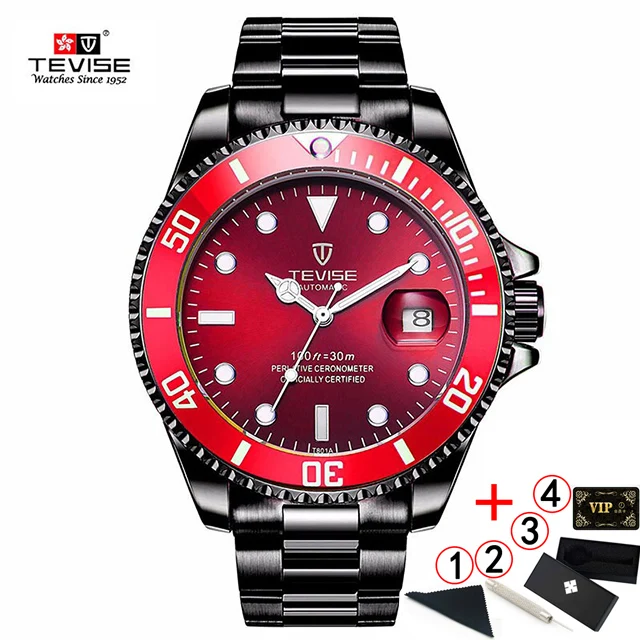 black-red-box TEVISE T801 часы мужские автоматические механические водонепроницаемые мужские s часы лучший бренд класса люкс синие золотые наручные часы montre homme - Цвет: black-red-box