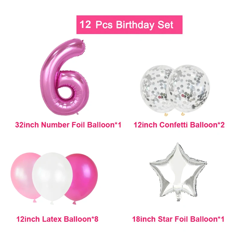 12pcs Pink Number Foil Balloon Birthday Party Decoration Latex Balloons Kids Baby Girl 1 2 3 4 5 6 7 8 9 Years Old 1st Birthday