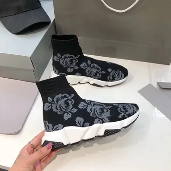 

Flower Pattern Casual Shoes for Women High Top Elastic Sneakers Gothic Shoes Outdoor 2020 New Brand Luxury Designer Women Shoes