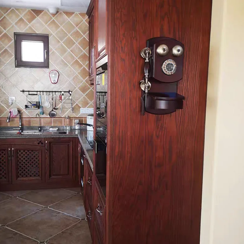 Telefono con montaggio a parete retrò telefono in plastica con quadrante a pulsante e campanello meccanico, telefono fisso a parete per cucina, bagno  7