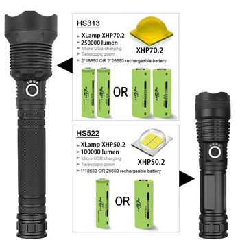 

Super Powerful Chargeable Led Flashlight Xhp70.2 Usb Torch Telescopic Zoom Hunting Flashlight Used 2*26650 Batteries