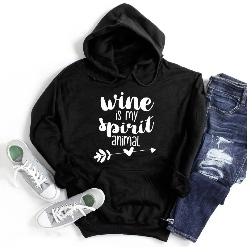 

Wine Is My Spirit Animal Hoodies Women Sarcastic Alcohol Pullovers Funny 90s Day Drinking Hoody Streetwear