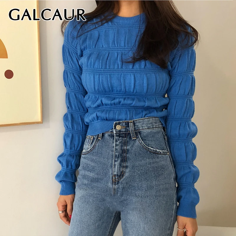 GALCAUR Vintage Ruched Knitted Sweater Female O Neck Long Sleeve Oversize Slim Pullover Womens Sweaters Clothes 2020 Fashion New | Женская