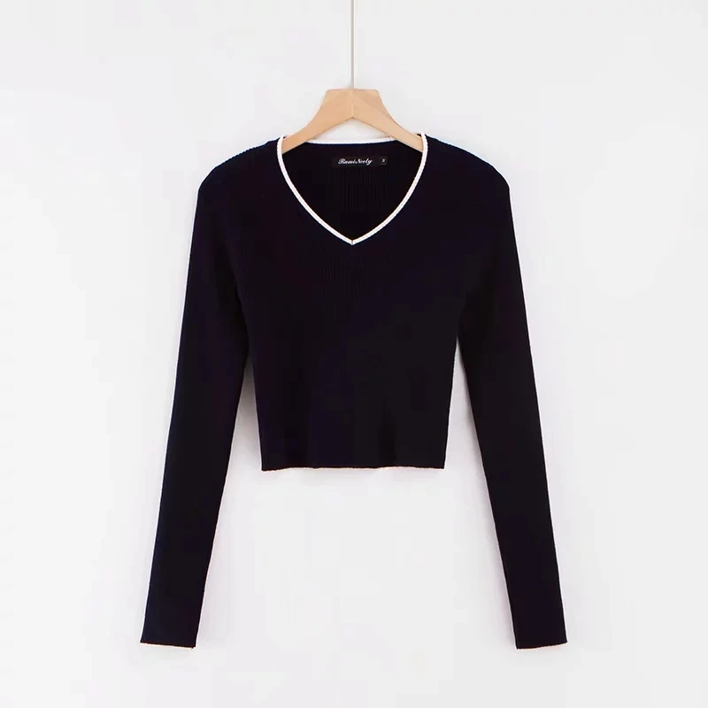 Женский свитер контрастного цвета с v-образным вырезом и длинным рукавом в рубчик, облегающий укороченный вязаный пуловер - Цвет: black