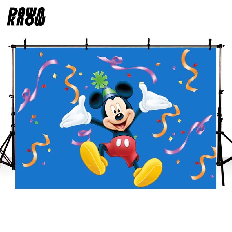 

DAWNKNOW Cartoon Mickey Mouse Photography Background Baby Birthday Party Photocall Ribbon Backdrop Children Photo Studio lv1829
