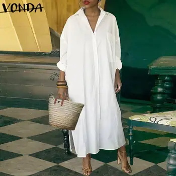 

VONDA Shirt Dress Women Sexy Long Sleeve Buttons Turn-down Collar Party Dresses 2020 Spring Summer Casual Loose Vestidos 5XL