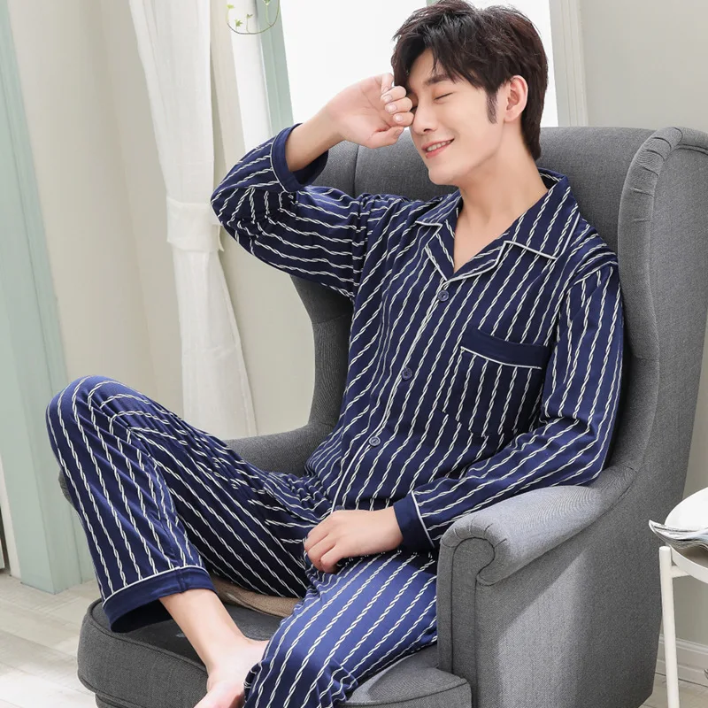 Mens pajamas men sleepwear Cotton Pajama Spring  Autumn pijama Mens Sleepwear Striped Sleepwear Sleep Pyjamas Plus Size