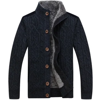 

New winter button men's cardigan sweater plus velvet thick woolen sweater coat turtleneck sweater coat