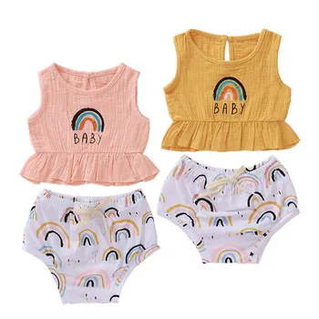 

3-18M Infant Baby Girls Boys Clothes Sets 2Pcs Sleeveless Print Tops Vest+Rainbow Printed Shorts Baby Girls Boy Cotton Clothing
