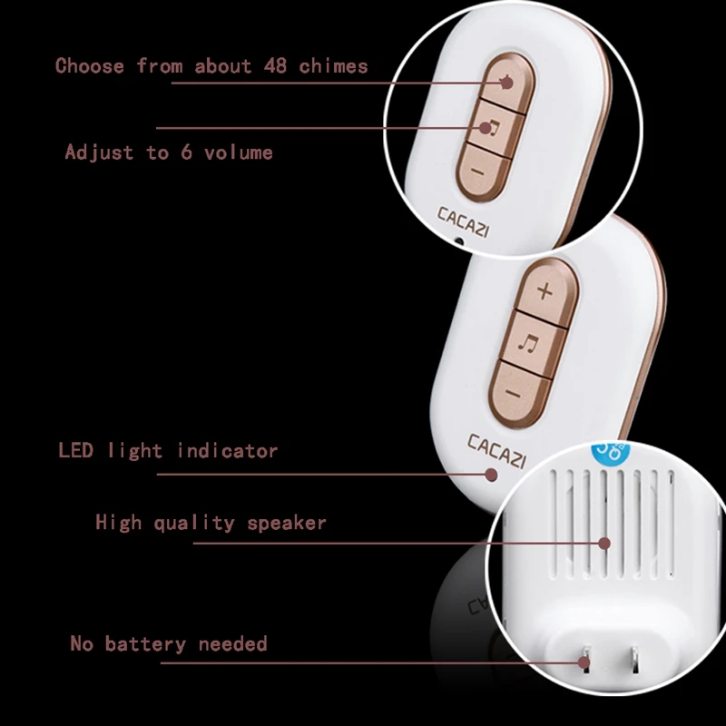 Cacazi Wireless Doorbell No Battery Need Waterproof Smart Door Bell Cordless 120M Remote Ac 110V-220V 1x Emitter 1x Receiver(Us
