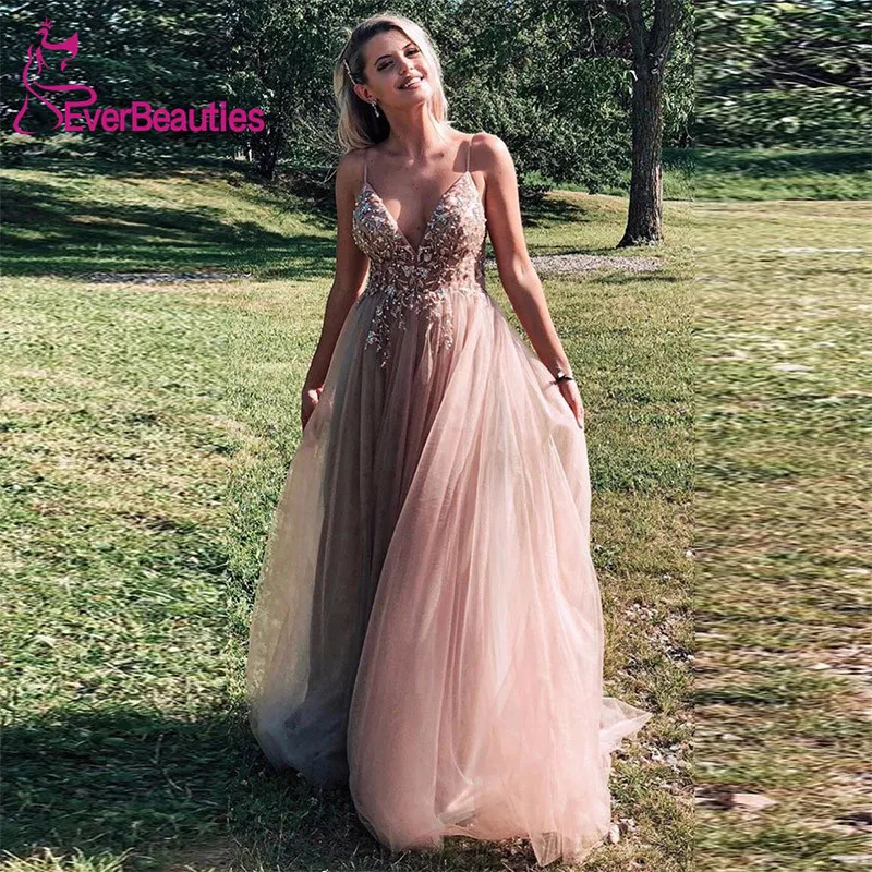 

Spaghetti Straps Prom Dresses Long 2020 Tulle Beaded Side Slit Vestidos De Gala A-line Prom Gown Robe De Soriee