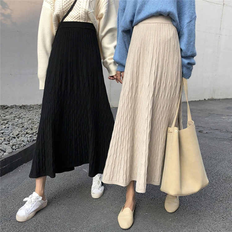 Вязаные длинные юбки для женщин осень зима новые трапециевидные Юбки миди женские корейский стиль винтажные элегантные юбки с высокой талией для женщин