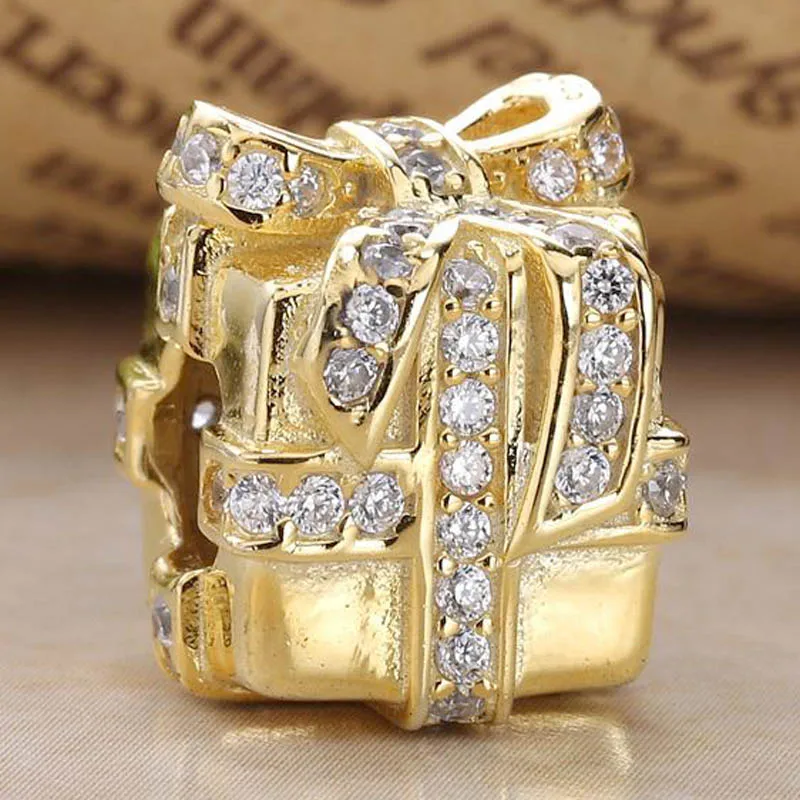 

New 925 Sterling Silver Charm Shine Sparkling Surprise Gift Box With Crystal Bead Fit Original Bracelet Necklace DIY Jewelry