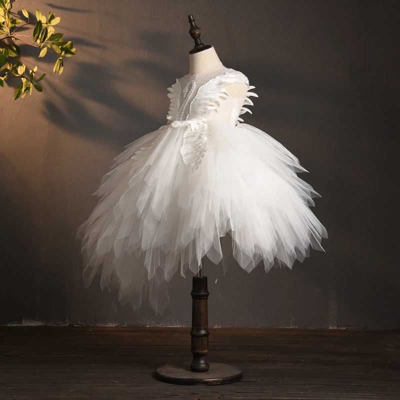 Elegant Swan Crystal Tulle Trailing Flower Girl Dress Evening Gown Kids Pageant Dress Birthday Party Feather Lace Princess Dress little girl skirt dress