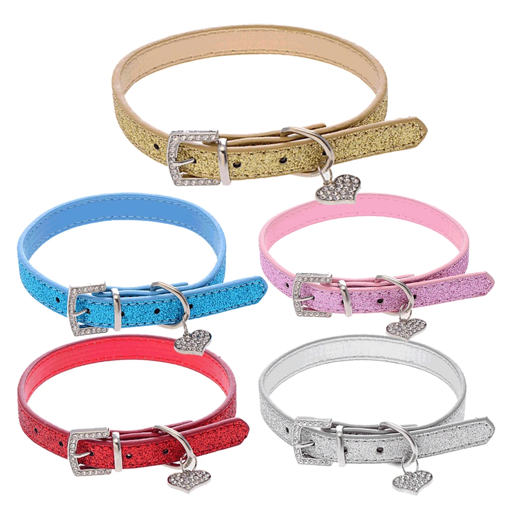 

Dog Collar Adjustable Puppy Necklace Doggie Neck Strap For Small Dog Crystal Diamond Heart Pendant Pet Supplies Shiny Leather