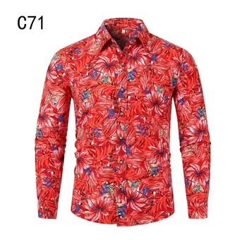 

Fashion Men Shirt Floral Print Long Sleeve Loose Top Hawaiian Casual Slim Social Male Shirts Red Autumn New