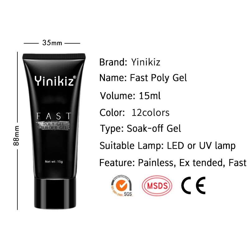 Yinikiz, 15 мл, 12 цветов, полигель, набор, УФ-гель, гель для ногтей, жидкое решение для скольжения, кисть для дизайна ногтей, строительные модели, полигелевые инструменты