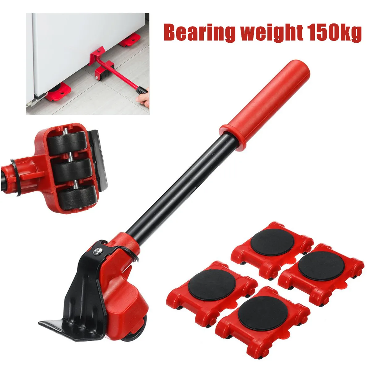 

150KG 4pcs/set Furniture Lifter Heavy Duty Furniture Mover Transport Moving System 4 Move Roller 1 Wheel Bar Lifting Hand Tool