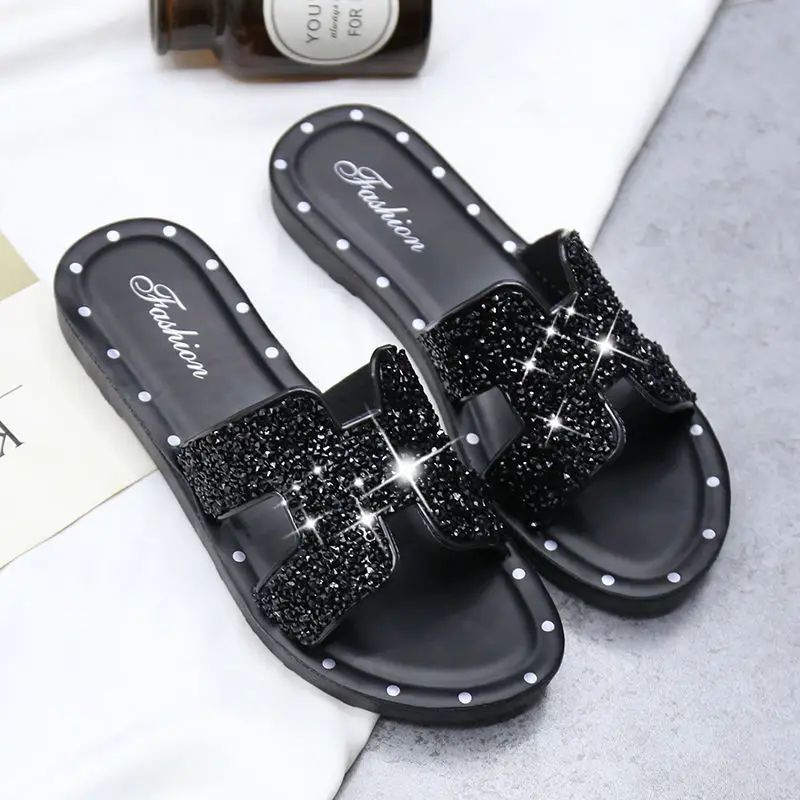 

New Slides Rhinestones Slippers Women Flat Black Mules Elegant Ladies Slippers Shiny Womens Summer Shoes Woman Slides Slippers