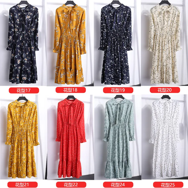Beautiful Fashion Spring Autumn Women Long Sleeve Dress Retro Collar Casual Slim Dresses Floral Printing Chiffon Sexy