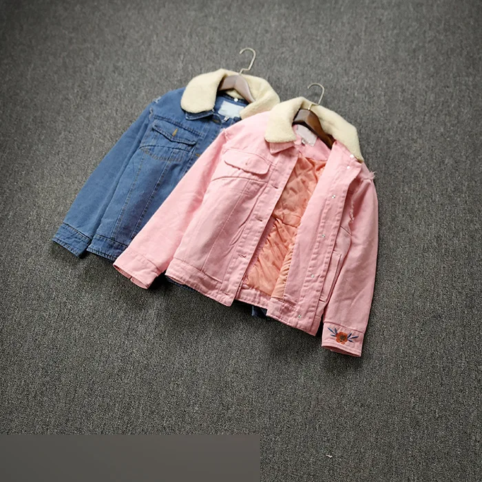 

J920 2018 Autumn And Winter New Style Hipster Students Berber Fleece Fold-down Collar plus Cotton Denim Jacket Short Coat