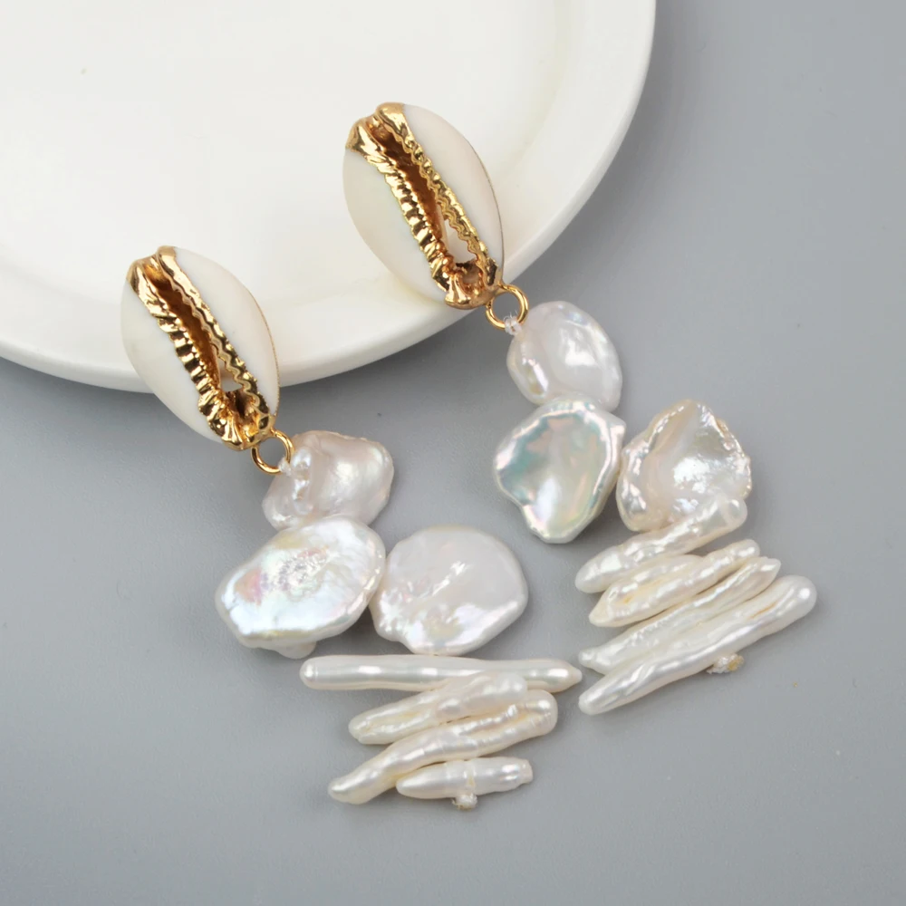 

BOROSA Natural Pearl Sea Shell Earrings Gold Plating Cowrie Shell Baroque Pearl Dangle Earrings Handmade Women Earrings HD0196