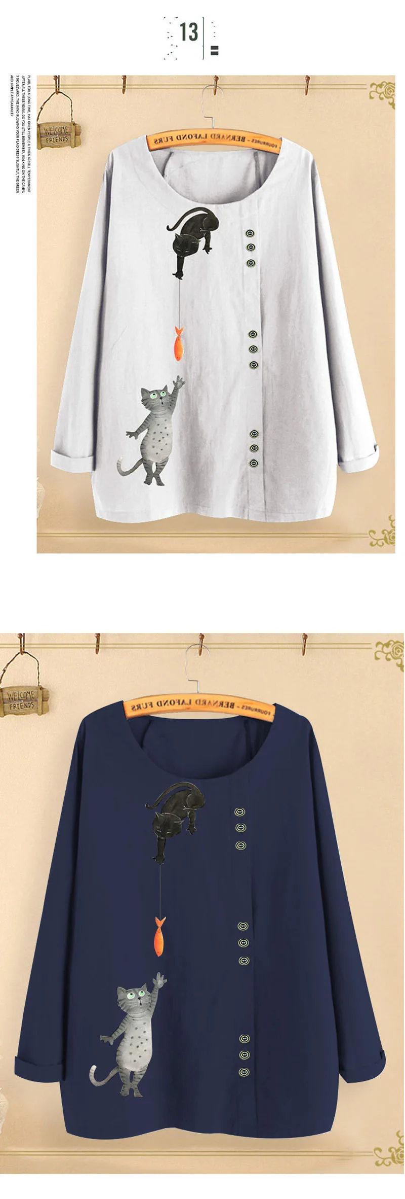 Harajuku Kawaii футболка Женская Осенняя Милая забавная кошка рыба из хлопчатобумажной ткани с узором футболки Топы длинный рукав кнопка футболка плюс размер 5XL