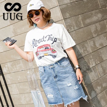 

UUG New Big Size Denim Skirt 4XL Plus Size Women Blue Skirts XXXL Ladies Clothing Hole Skirts Autumn Summer Clothes Large