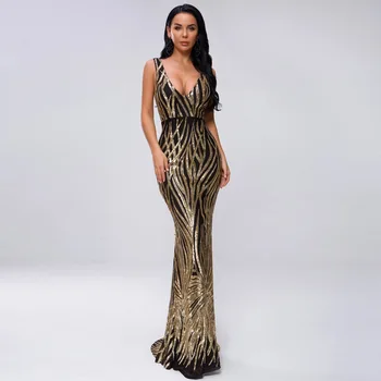 

Evening dress Europe and America 2019 new summer sexy stripe deep V-neck Sequin party dress